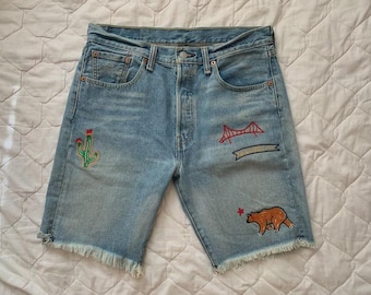 Pantalones cortos vaqueros Levi’s 501 bordados vintage, talla W30, estilo mexicano, estilo festival, Levi’s 501, bajo deshilachado, tallas S y M.