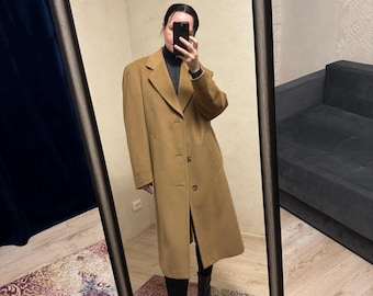 Bugatti Vintage Camel Cashgora Wool Coat – Classic Tailored Long Coat, Made in Germany, Size M–L