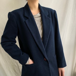 Vintage Wolle One Button Anzug Blazer Wolljacke Mantel Marineblau Unisex Damen Oversized Größe S