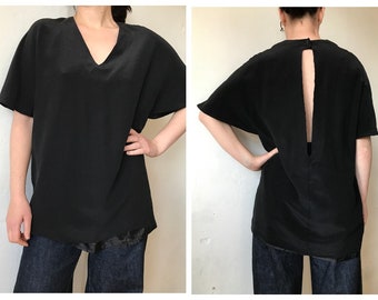 Black Silk Long Shirt Sleevs Blouse V neck size S XS M Oversize Top Shop