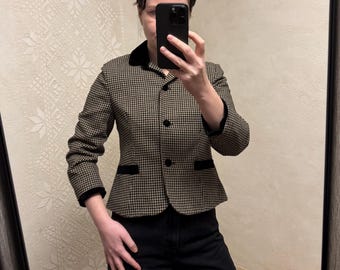 Blazer vintage de lana Laura Ashley, chaqueta a cuadros con cuello de terciopelo, talla 10 del Reino Unido