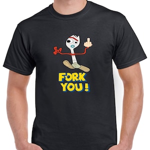 May include: A black t-shirt featuring a cartoon image of a fork character giving the middle finger. The text "FORK YOU!" is printed in yellow below the image.