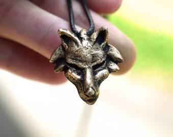 Wolf Head Handmade Yellow Bronze Pendant, Unique Wolf Charm, Handcrafted Animal Jewellery, Artistic Necklace, Unusual Jewelry Gift