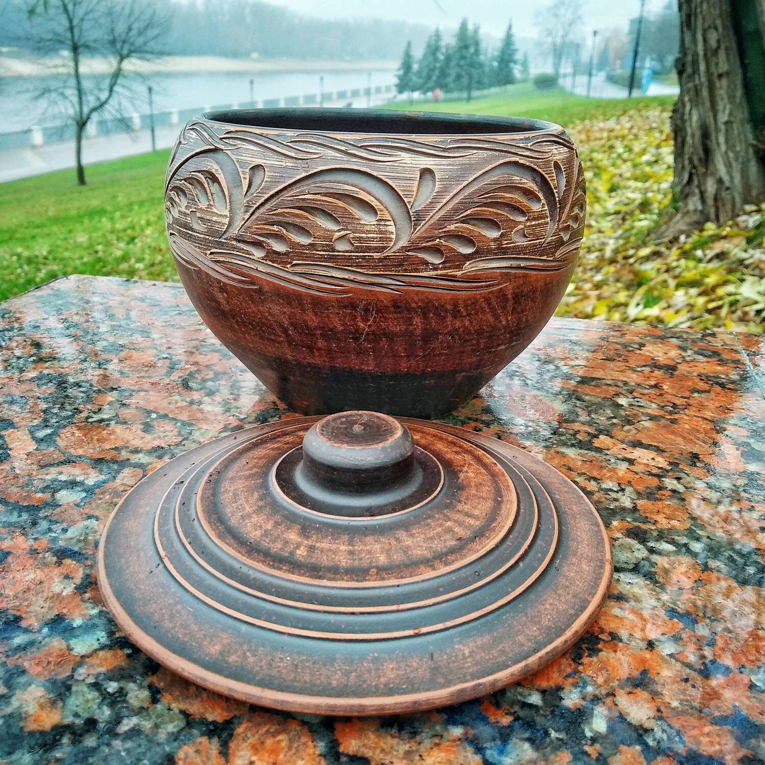 Ceramic casserole with lid. Clay pot with a pattern. Handmade Etsy