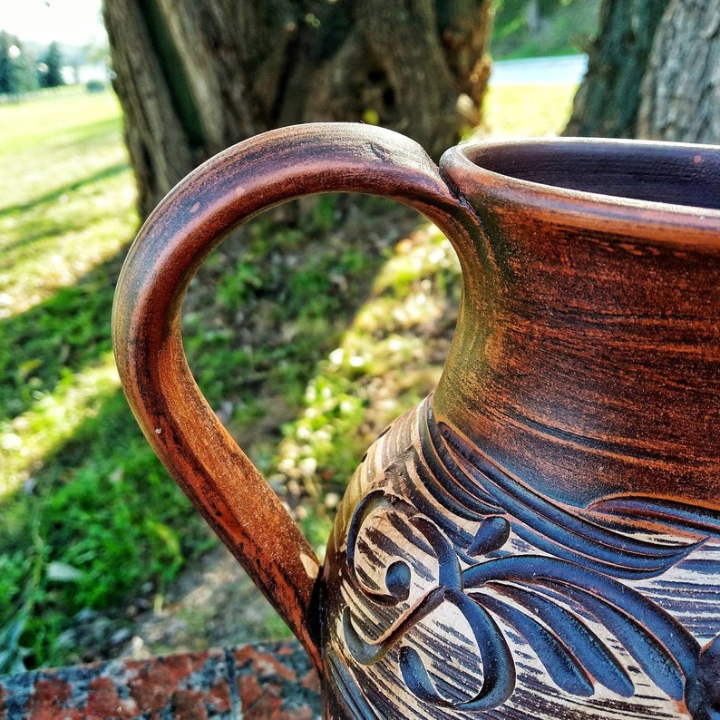 Ceramic jug with handles Handmade from a red clay carved Etsy
