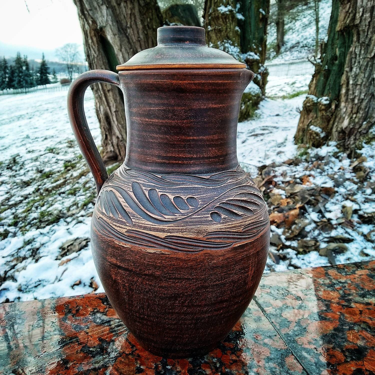 Ceramic jug with lid and handle. Handmade from red clay. An Etsy