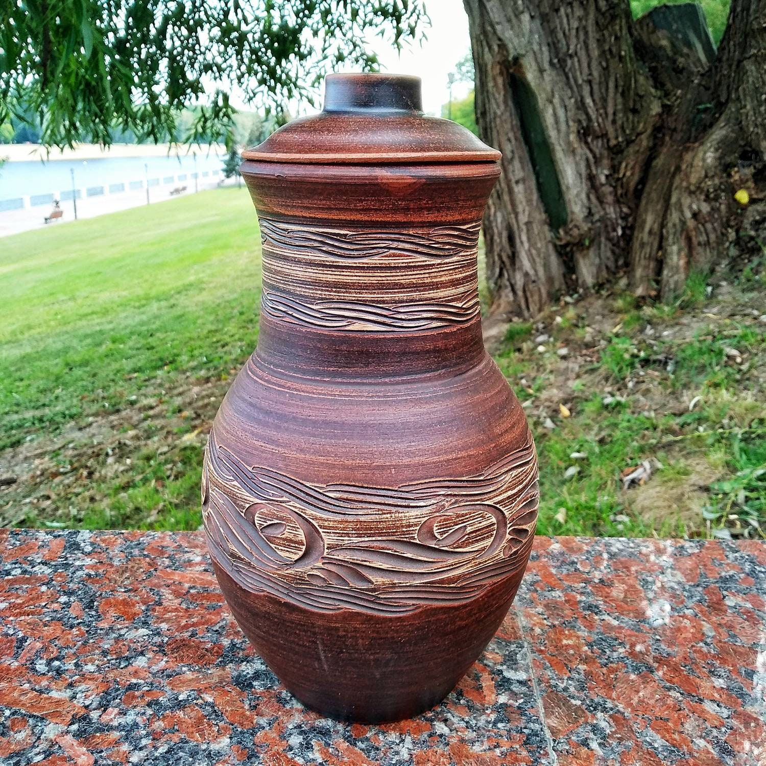 Ceramic wine jug with lid carved pattern. Pottery jug. Etsy