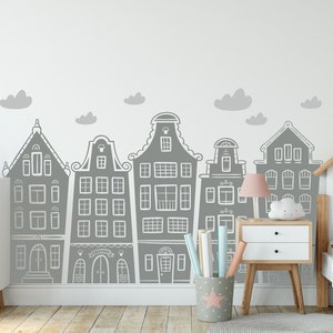 Scandinavian Houses & Clouds Wall Decal Nursery Kids Playroom - Handpainted Cartoon Houses Baby Kids Children Amsterdam House Vinyl Stickers