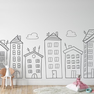 Cute Hand Drawn Houses Wall Decal for Nursery Kids Rooms Preschool School Library Decor - Doodled Houses Removable Wall Stickers 256