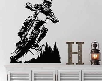 Motocross Wall Decal - Dirt Bike Rider Silhouette Vinyl Sticker, Extreme Sports Room Decor
