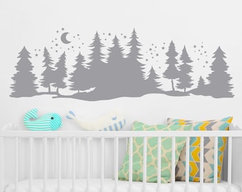 Pine Tree Wall Decal Forest Nursery Decor, Tree Landscape with Moon and Stars Nursery Wall Decal, Nature Wall Decal Woodland Nursery Decor