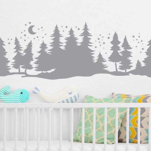 Woodland Nursery Wall Decal With Pine Trees Moose Mountains Etsy