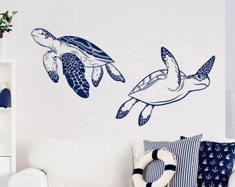 Sea Turtle Wall Decal, Set of 2 Turtles Wall Sticker, Under The Sea Decal, Ocean Wall Art Decor, Marine Life Stickers, Nautical Decor 238