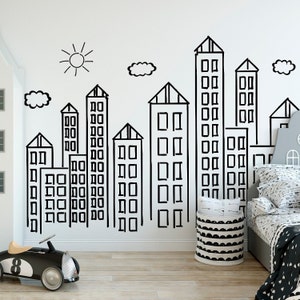 Decalcomania da muro con disegno a mano sullo skyline della città scarabocchiata per la camera dei bambini, sala giochi, biblioteca della scuola materna, edifici dipinti a mano, decorazione della parete, #215