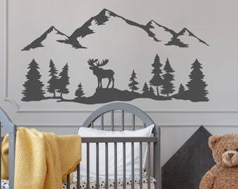 Woodland Nursery Wall Decal with Pine Trees Moose Mountains, Nature Wall Decal, Kids Room Wall Decal, Forest Nursery Room Above Crib Decor