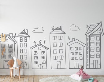 Vinilo decorativo de casas dibujadas a mano: decoración extraíble para habitación infantil LW256