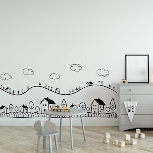 Nursery Doodle City Wall Decal - Playroom Wall Decal, Country Landscape Wall Decal for Kids Room Baby Nursery Decor, Doodled Vinyl Design