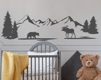 Woodland Wall Decal, Pine Tree Mountain Bear Moose Forest Wall Decal, Nature Nursery Decor, Mountain Landscape Wall Art Woodland Nursery