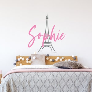 Calcomanía de pared con nombre de París para niña: calcomanía personalizada con nombre de niña con Torre Eiffel, calcomanía de pared de París, decoración de habitación con temática de París, arte de pared de París 133