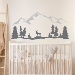Mountains with Trees and Deer Wall Decal Woodland Kids Room Decor, Woodland Nursery Wall Decal, Forest Wall Decal, Nature Wall Decal Mural