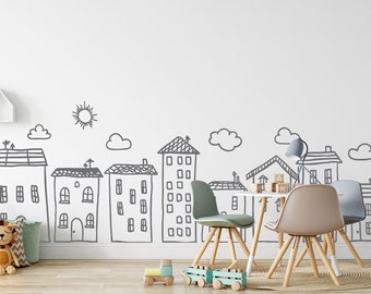 Doodle City Wall Decals: Handpainted Houses, Modern Kids Room, Nursery Decor