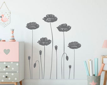 Poppy Flower Wall Decal: Floral Plant Wall Art Stickers, Botanical Decor LW213
