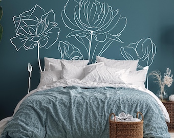 Großes Blumen Wandtattoo: Moderne Line Art Pfingstrosen, botanische Wandsticker