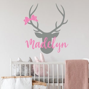 Personalized Deer Head Name Wall Decal Girl - Woodland Nursery Wall Decal Hunting Themed Baby Nursery Decor, Woodland Girl Nursery Decor