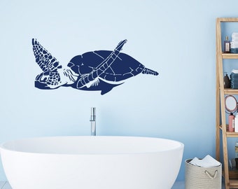 Sea Turtle Vinyl Wall Art Decal - Sea Animal Wall Decal, Underwater Decals, Bathroom Wall Decor, Turtle Wall Stickers, Ocean Wall Decal
