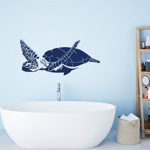 Sea Turtle Vinyl Wall Art Decal - Sea Animal Wall Decal, Underwater Decals, Bathroom Wall Decor, Turtle Wall Stickers, Ocean Wall Decal