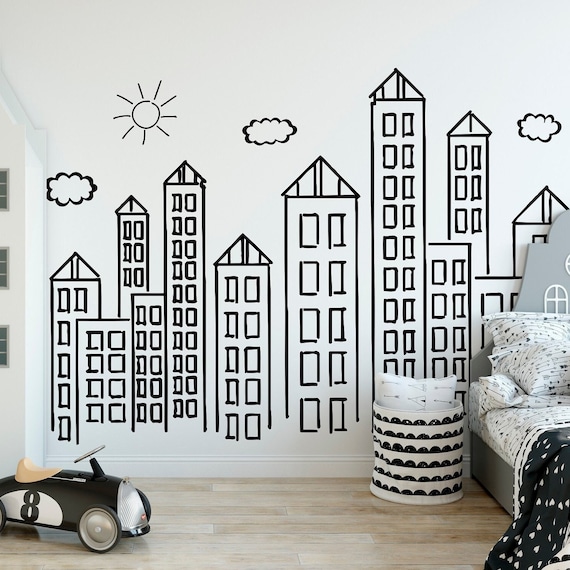 Doodled City Skyline Wall Decal: Hand-Painted Kids Room Decor LW215