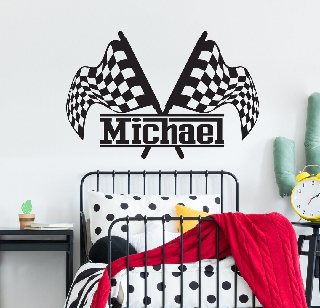 Custom Racing Decals Flags Race Flags With Custom Name Wall Decal, Racing Name Wall Sticker ...