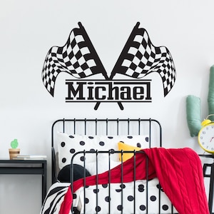 Personalized Race Car Flags Wall Decal: Custom Name Nursery Decor LW14