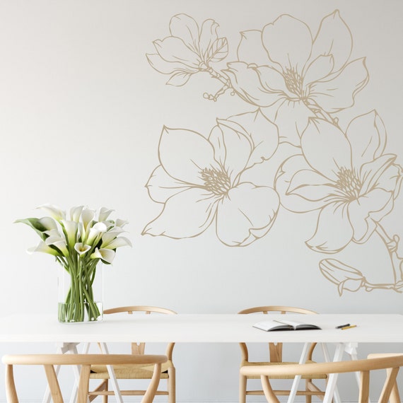 Magnolia Flower Corner Wall Decal: Delicate Floral Line Art Decor, Botanical Sticker