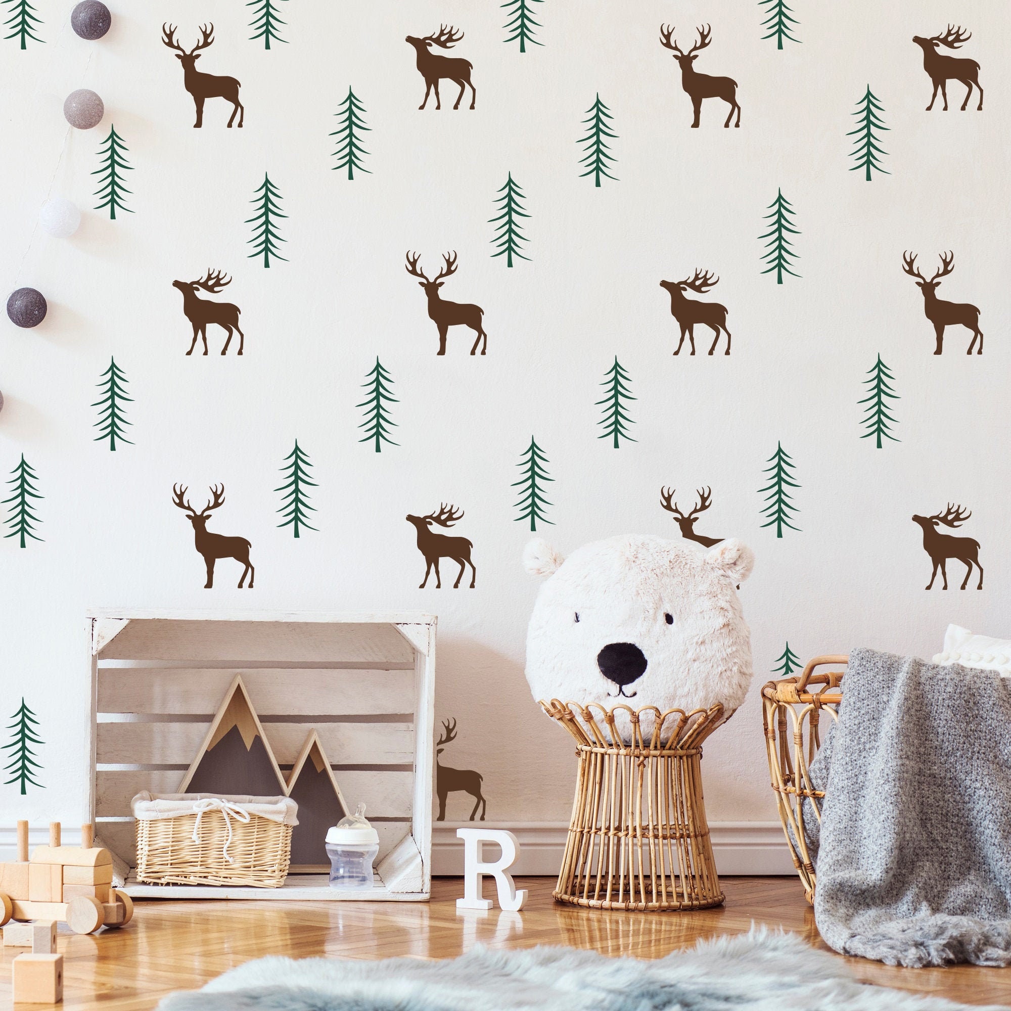 Woodland Wall Decal Deer Pine Tree Forest Nursery Decor Deer Etsy