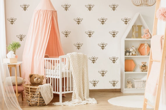 Honey Bee Wall Decals: Nursery Decor, Gold Bumble Bee Stickers LW100