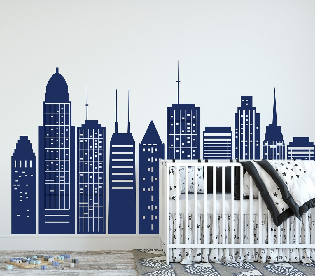 Large Cityscape Wall Decal Superhero Themed Room Decoration Ideas, City Skyline Wall Decal for