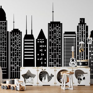 Large Cityscape Wall Decal Superhero Themed Room Decoration, City Skyline Wall Decal for Home & Office, Removable Cityscape Stickers 186