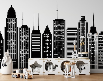 Cityscape Wall Decal: Superhero Room Decor, Removable Skyline Stickers LW186
