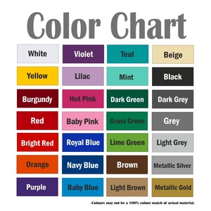 May include: Color chart with 20 different color swatches. The colors include white, violet, teal, beige, yellow, lilac, mint, black, burgundy, hot pink, dark green, dark grey, red, baby pink, grass green, grey, bright red, royal blue, lime green, light grey, orange, navy blue, brown, metallic silver, purple, baby blue, light brown, and metallic gold.