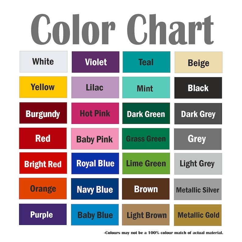 May include: Color chart with 20 different color swatches. The colors include white, violet, teal, beige, yellow, lilac, mint, black, burgundy, hot pink, dark green, dark grey, red, baby pink, grass green, grey, bright red, royal blue, lime green, light grey, orange, navy blue, brown, metallic silver, purple, baby blue, light brown, and metallic gold.