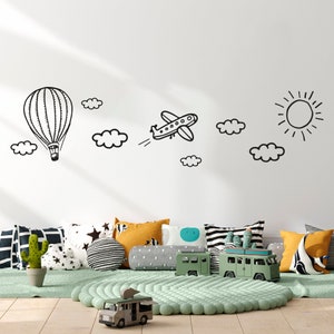 Doodle Kids Wall Decal Plane Air Balloon Clouds Sun - Handdrawn Stickers for Baby Kids Room Nursery Playroom Preschool Day Care School 236