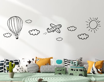 Doodle Kids Wall Decal Plane Air Balloon Clouds Sun - Handdrawn Stickers for Baby Kids Room Nursery Playroom Preschool Day Care School 236