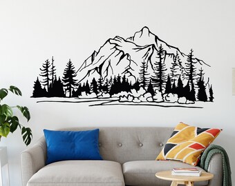 Mountain Pine Tree Forest Wall Decal: Minimalist Art, Nature Scene Decor LW66