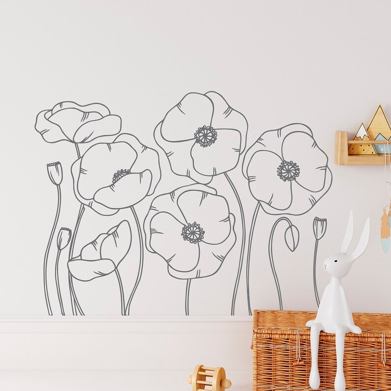Poppy Flower Wall Decal Sticker Doodle Flower Garden Wall Etsy