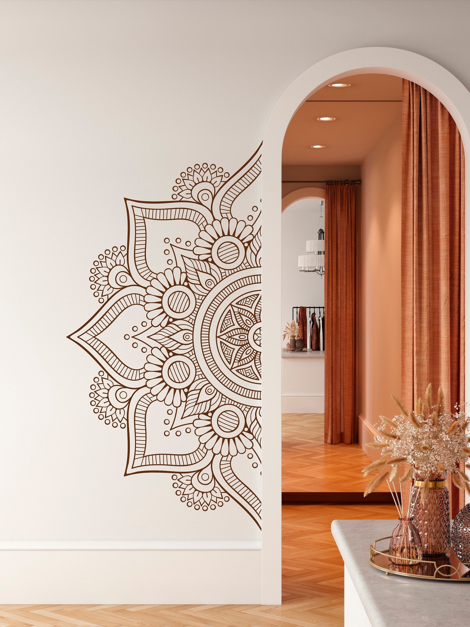 Autocollant Mural Mandala Demi-format - Style Boho & Yoga - Vinyle Amovible - Personnalisable En Couleur