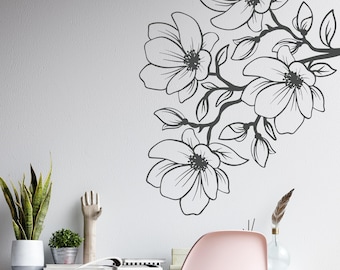 Magnolia Blossoms Branch Decal: Floral Line Art, Minimalist Nature Vinyl Decal for Bedroom