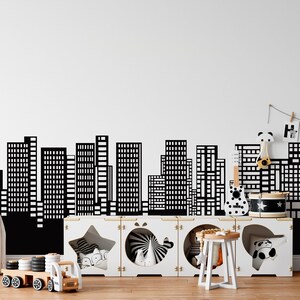 Large Doodled City Skyline Wall Sticker for Kids Room Playroom Preschool Nursery Decor - Houses Wall Decal, Modern Kids Room Wall Decal 214