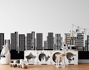 Vinilo decorativo con silueta de ciudad garabateada: decoración moderna para habitación infantil LW214