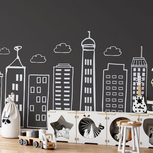 Large Doodled City Skyline Wall Decals Nursery Kids Room Playroom Preschool Decor - Hand Drawn Stickers for Boys Superhero Theme Room 92